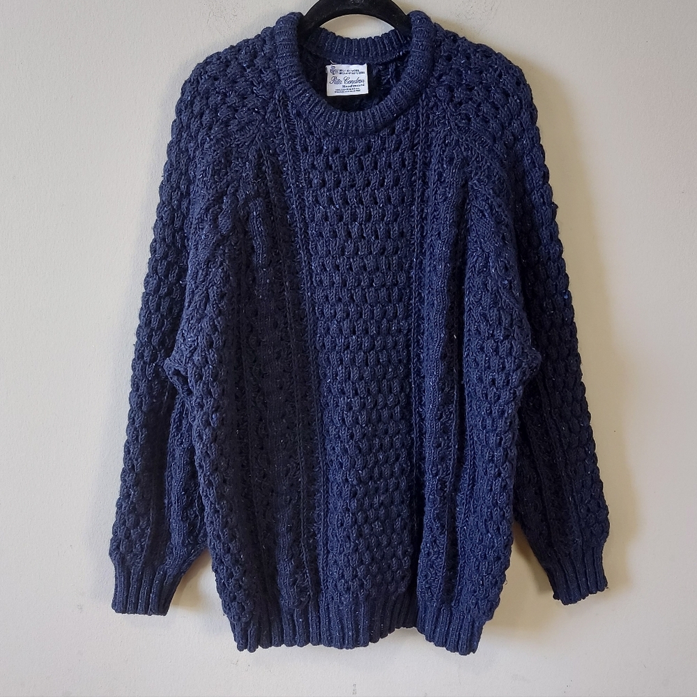 VTG Rita Condron Ireland Handloomed Coastal Chunky Open Knit Wool Sweater Navy